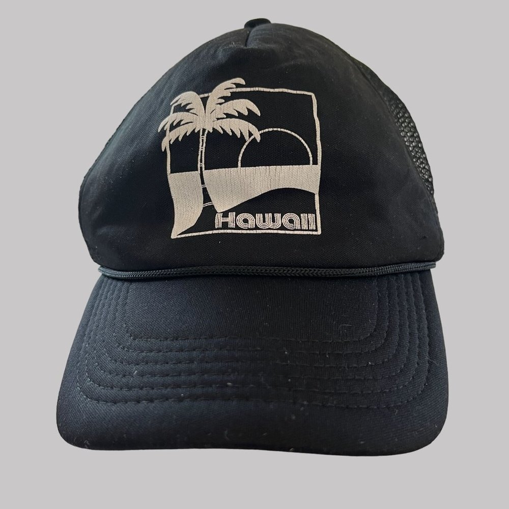 Vintage‎ Hat Cap Adult Snap Back Black Hawiian Islands Palm Golf Print Mesh